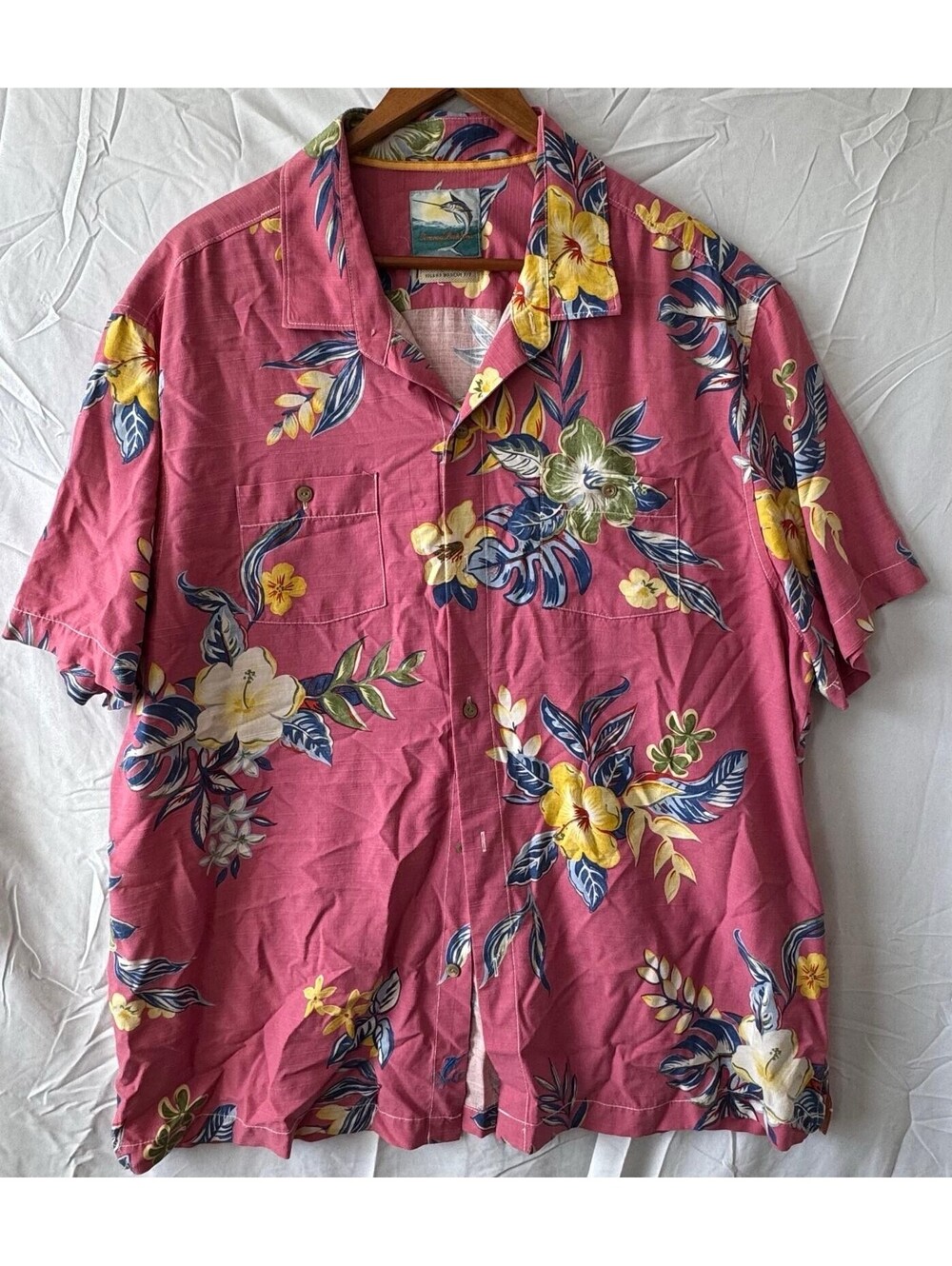 Tommy Bahama Shirt Mens XL Island Modern Fit Silk Cotton Pink Hibiscus Floral